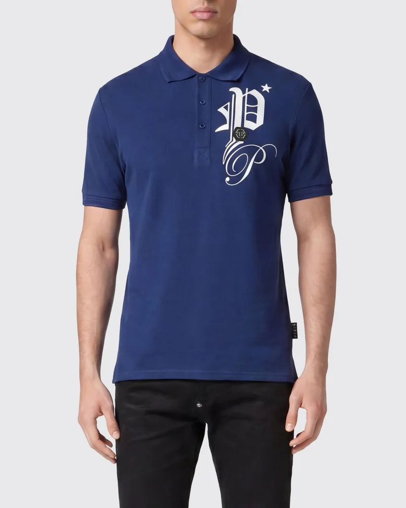 Philipp Plein Baumwoll-Poloshirt mit Monogramm-Logo und Drei-Knopf-Leiste Blau