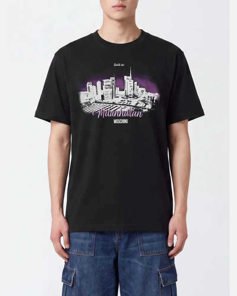 Moschino Kurzärmeliges T-Shirt aus Baumwolle mit Grafikprint Schwarz