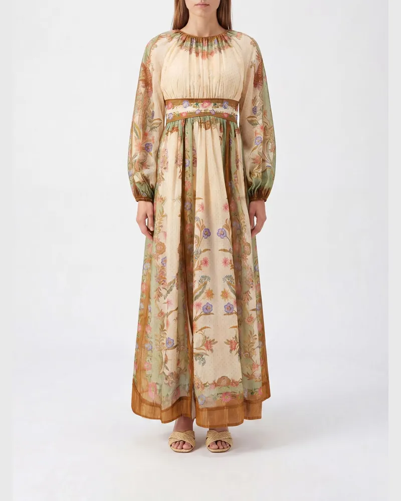 Zimmermann Langes Indra Kleid von aus Baumwolle und Seide mit Blumendruck und Kontrastpaspeln Yellow