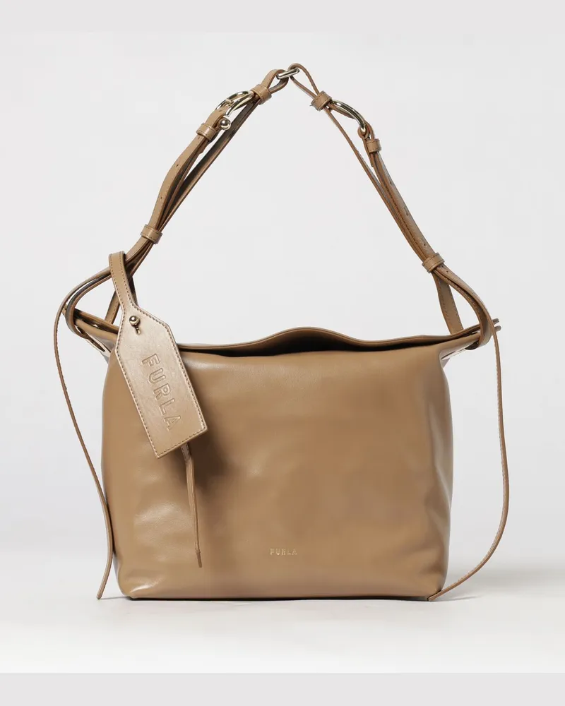 Furla Ginevra Schultertasche aus Glattleder mit Logo-Charm Braun
