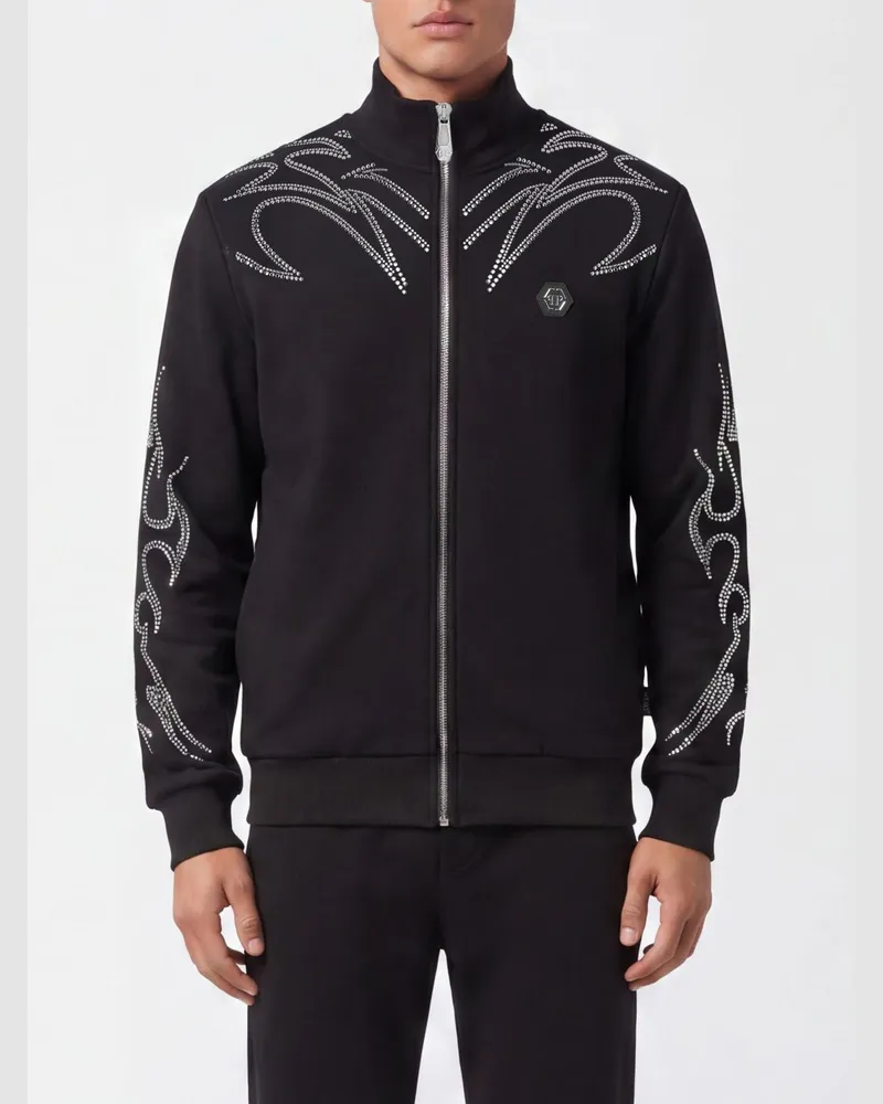 Philipp Plein Baumwoll-Trainingsjacken-Sweatshirt mit Reißverschluss, Kristallen und Stehkragen Schwarz