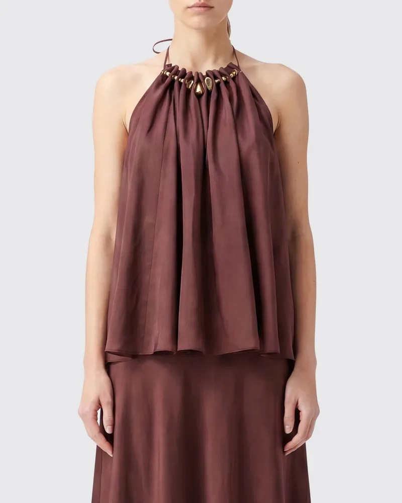 Zimmermann Drapiertes Seidentop mit Neckholder und Perlen Braun