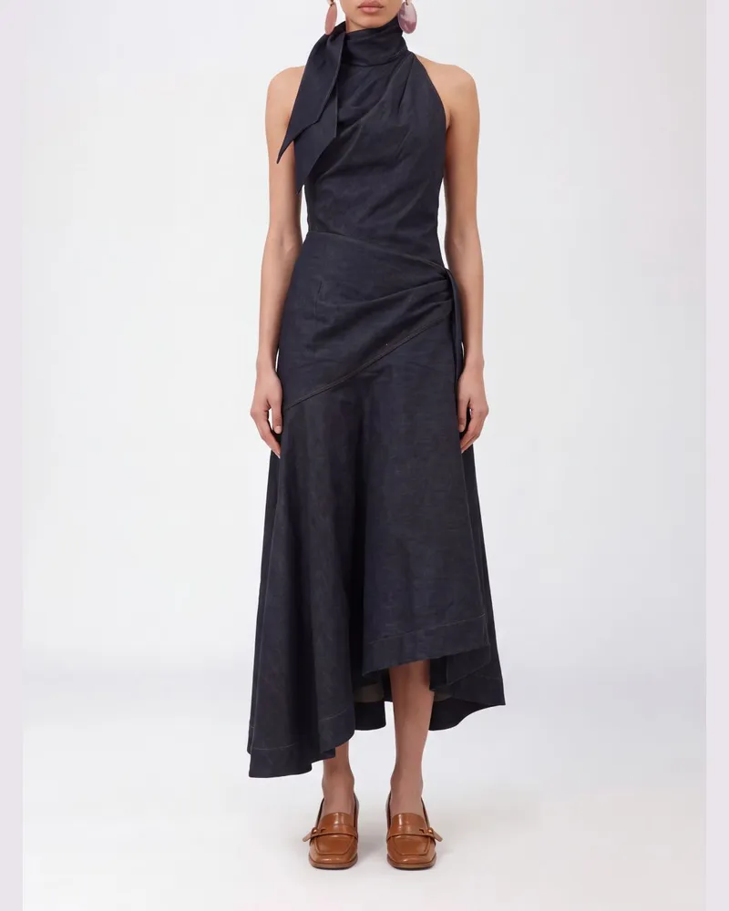 Zimmermann Asymmetrisches Neckholder-Midikleid Valiant aus Denim Blau