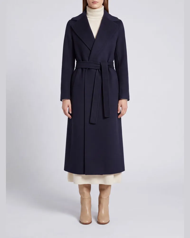 Max Mara Langer Wickelmantel aus Wolle mit Gürtel und Reverskragen Navy