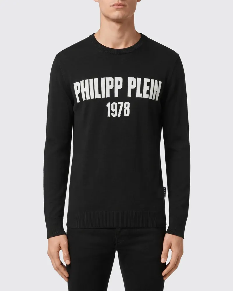 Philipp Plein Rundhalspullover aus Woll-Baumwoll-Mischung mit Jacquard-Logo-Muster Schwarz