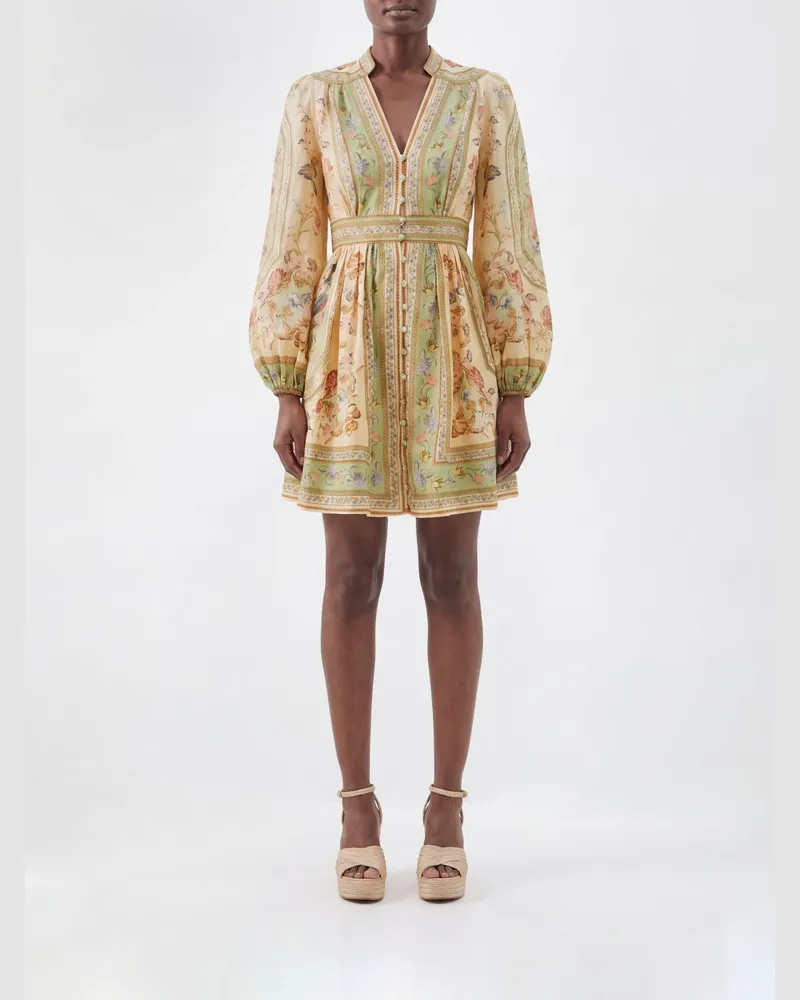 Zimmermann Roselight Minikleid aus Leinen mit Blumendruck und Ballonärmeln Grün