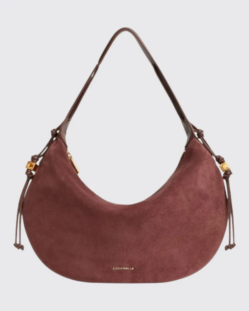 Coccinelle Thess Schultertasche aus Veloursleder mit metallischem Logo Weinrot
