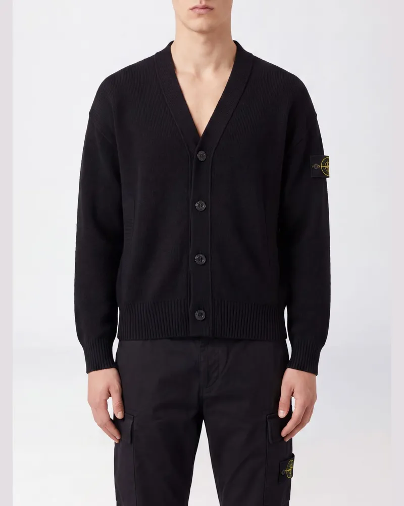Stone Island V-Ausschnitt Cardigan aus reiner Schurwolle mit Compass-Logo Schwarz