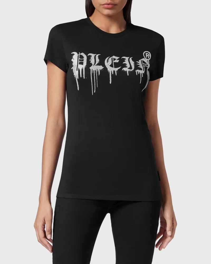 Philipp Plein Gothic Jersey-T-Shirt mit Logo und Strassapplikation Schwarz