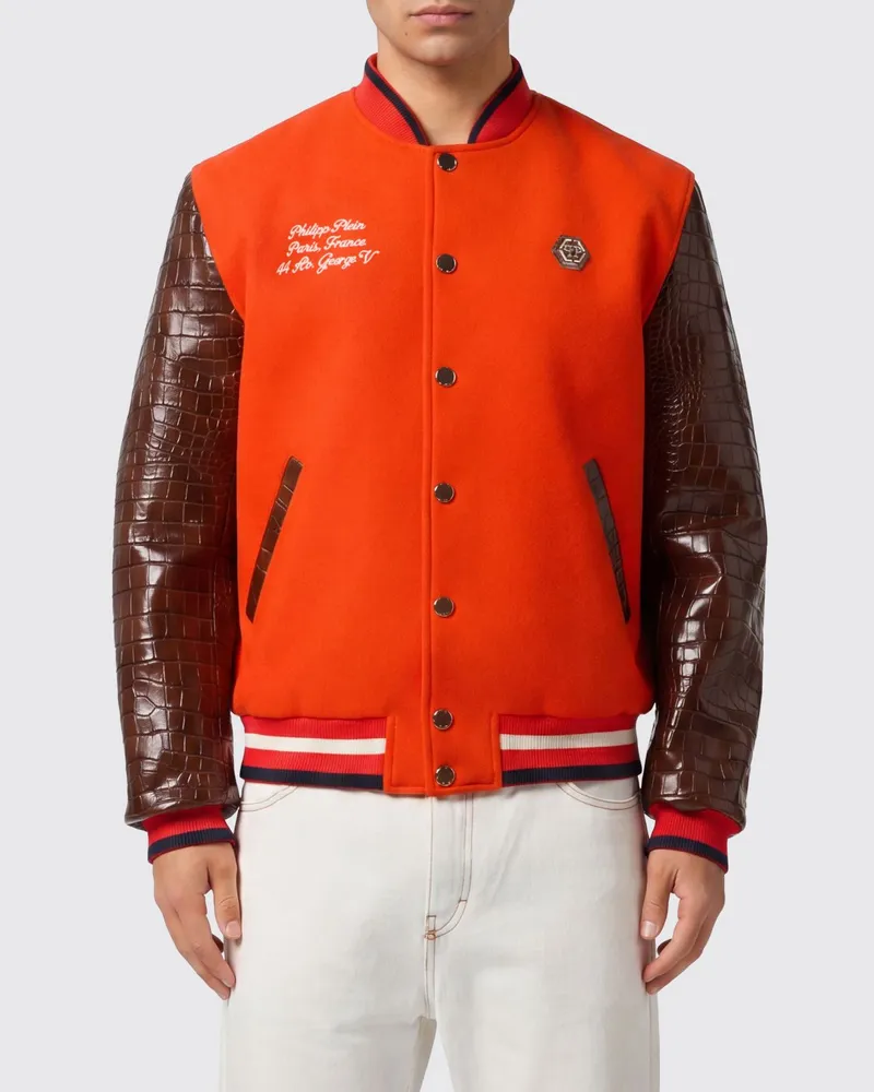 Philipp Plein Zweifarbige Varsity-Bomberjacke aus Kalbsleder mit Krokodil-Effekt Orange