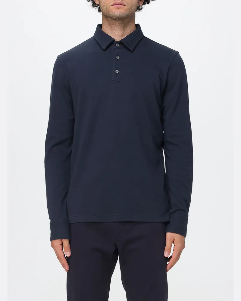 Zanone Langärmeliges Baumwoll-Poloshirt mit Rippkragen und drei Knöpfen Blau