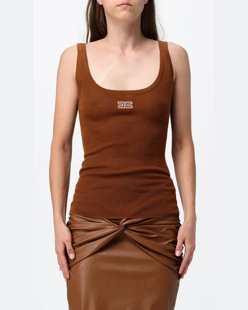 Elisabetta Franchi Schmal geschnittenes Wollstrick-Top von mit gesticktem Logo Braun