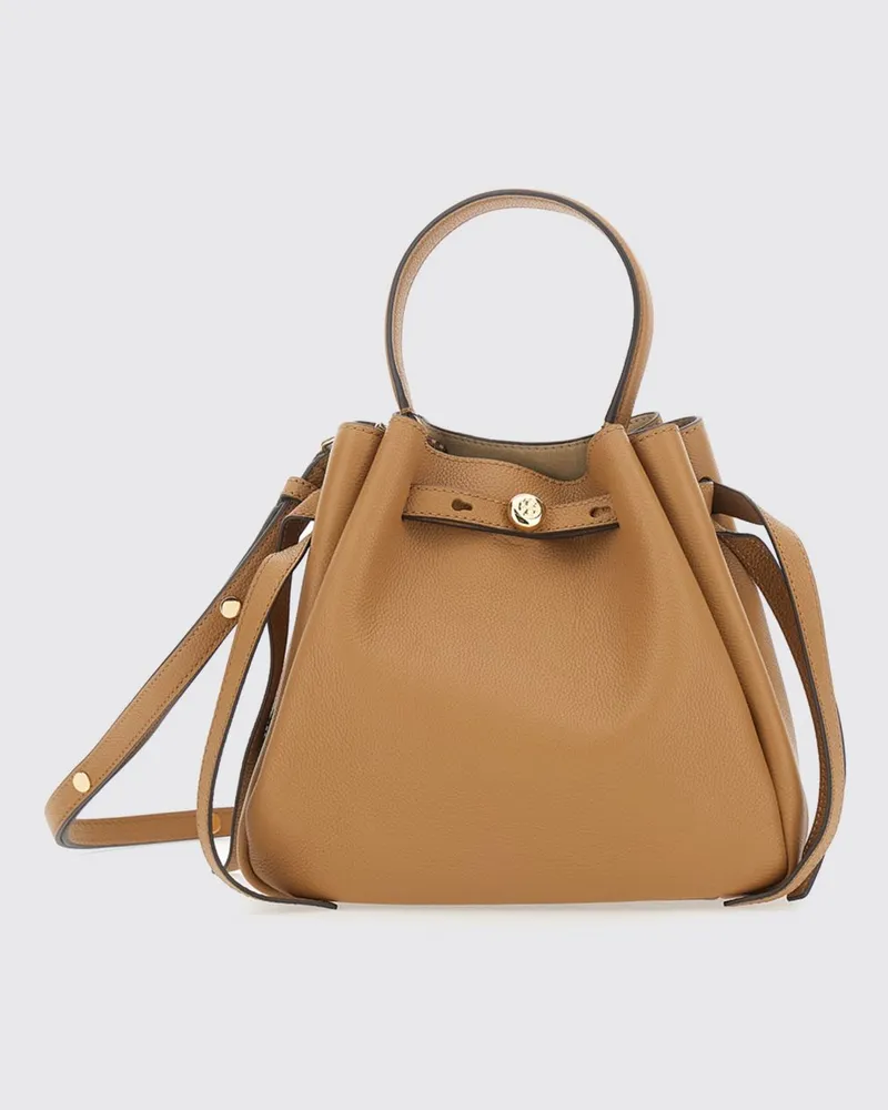 Tory Burch Romy Mini-Handtasche aus genarbtem Leder mit ausgestellter Form Braun