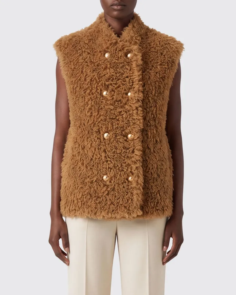 Twin-Set Zweireihige Weste aus Kunst-Shearling mit hohem Kragen und ärmellosem Design Tabak