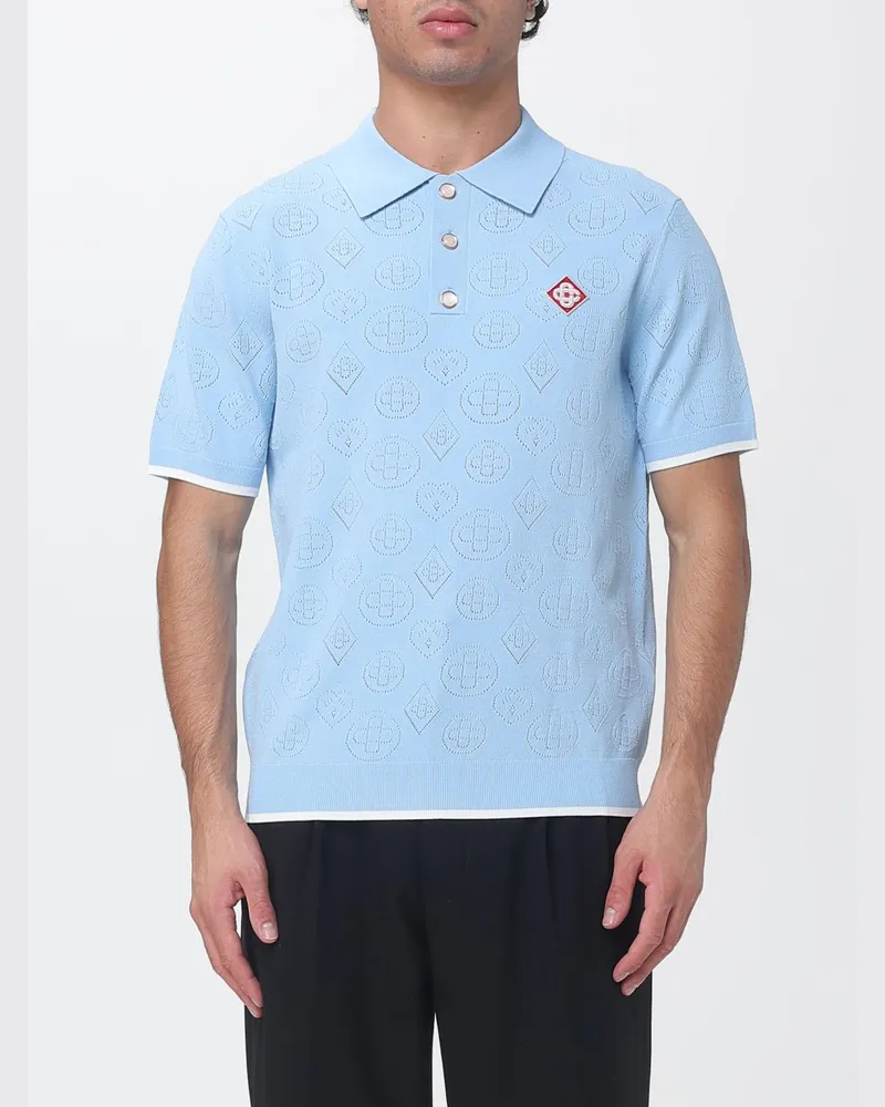 Casablanca Paris Durchbrochenes Strick-Poloshirt aus Viskosemischung mit Kontrastlogo Blau