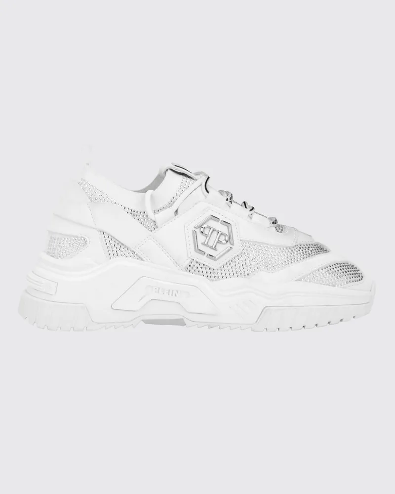 Philipp Plein Niedrige Sneaker aus Leder und Stretch-Viskose mit Monogramm und Strass Weiß