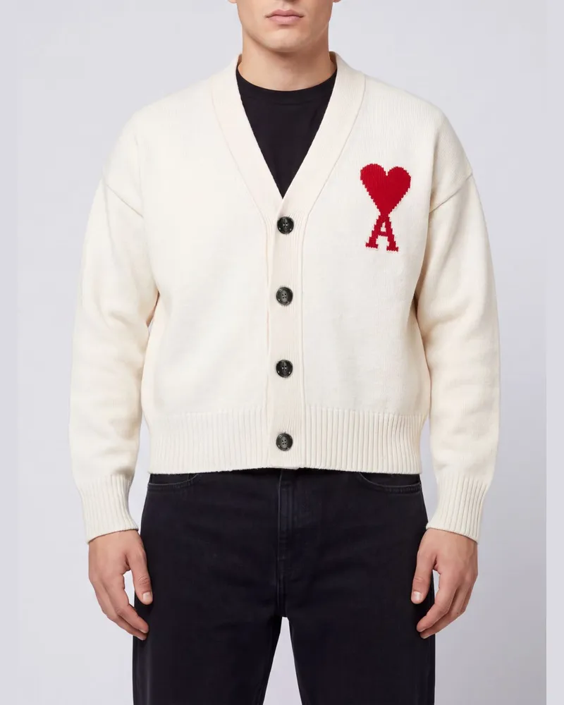 AMI Paris Woll-Cardigan von mit V-Ausschnitt und Logo Weiß