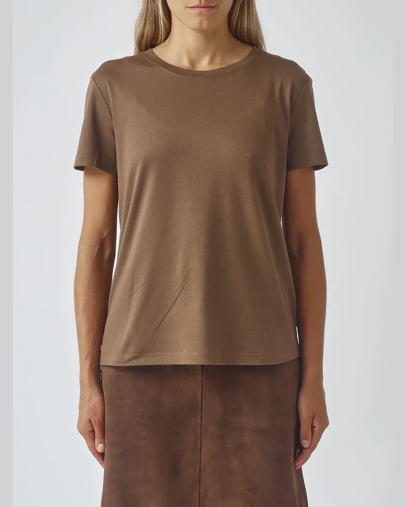 Max Mara Max Mara T-Shirt aus Baumwollmischung mit Rundhalsausschnitt und überschnittenen Schultern Tabak