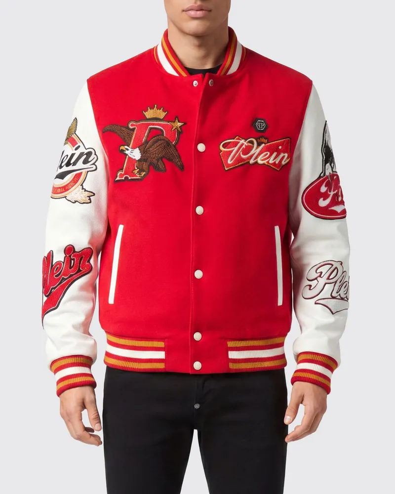 Philipp Plein Zweifarbige Varsity-Bomberjacke aus Wolltuch mit gestickten Patches Rot