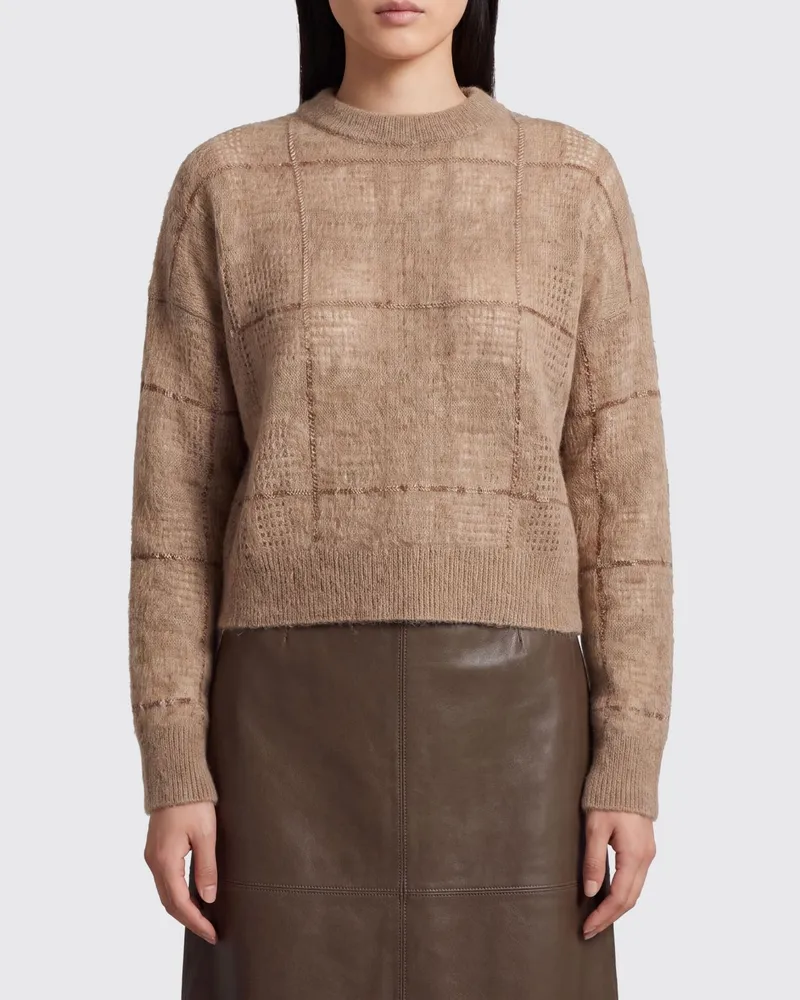Brunello Cucinelli Pullover mit Rundhalsausschnitt aus Mohairmischung und Paillettenstickerei Beige