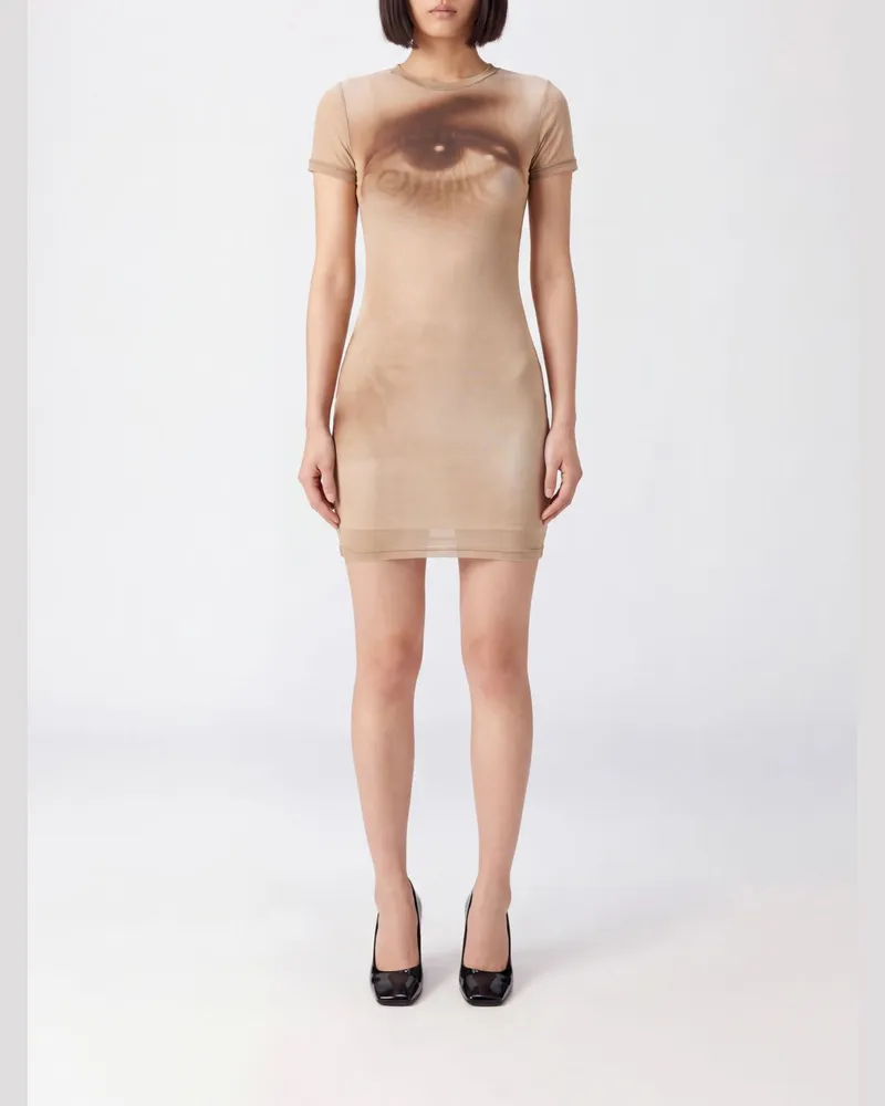 Jean Paul Gaultier Mini-Etuikleid aus Tüll mit Grafikdruck Beige