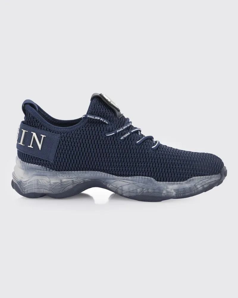 Philipp Plein Niedrige Schnür-Sneakers aus technischem Strickgewebe mit Logo Blau