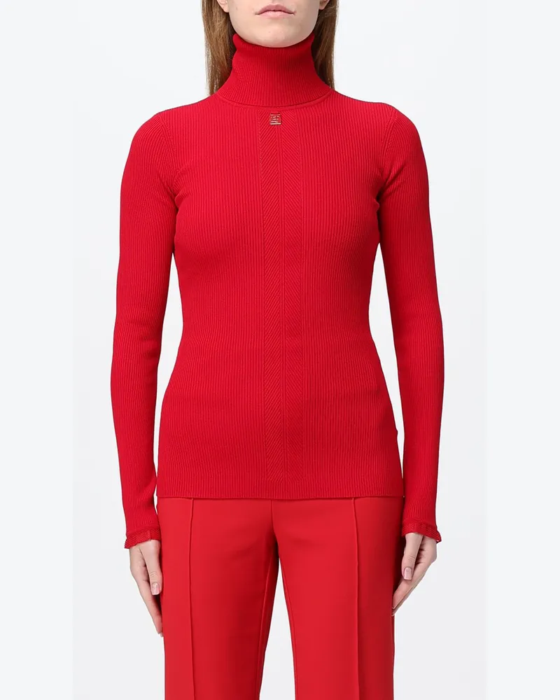 Elisabetta Franchi Slim-Fit-Rollkragenpullover aus geripptem Viskosestrick mit Logo Rot