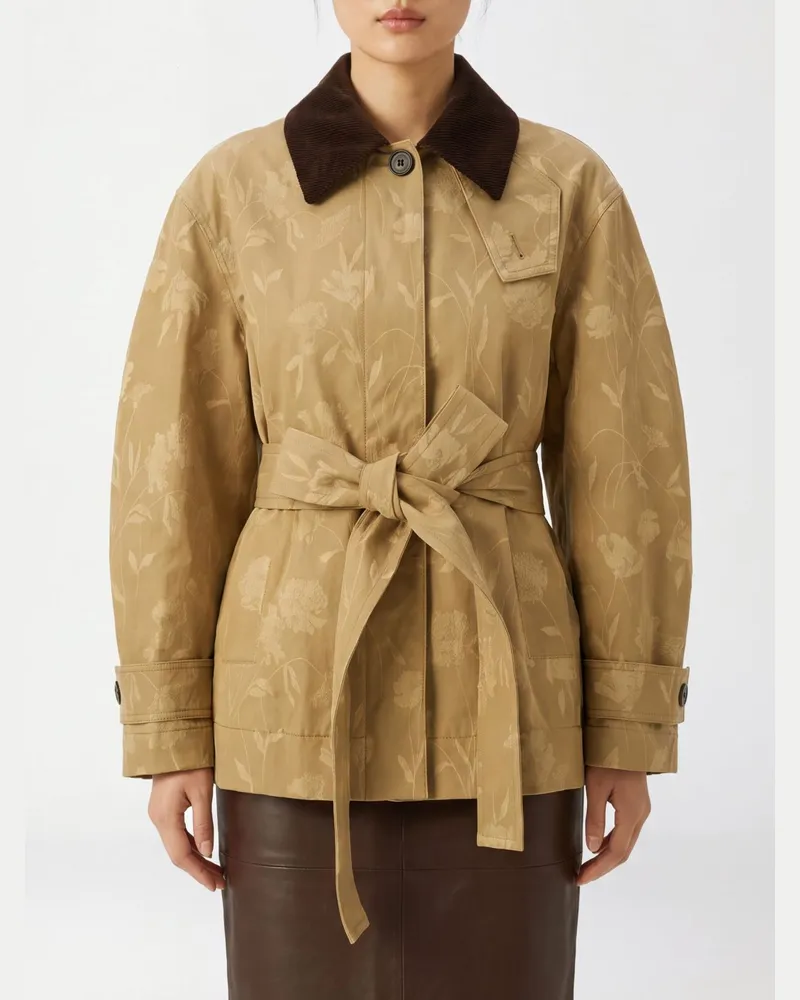 Erdem Kurzer Trenchcoat aus geblümter Baumwolle mit Gürtel und Samtkragen Beige