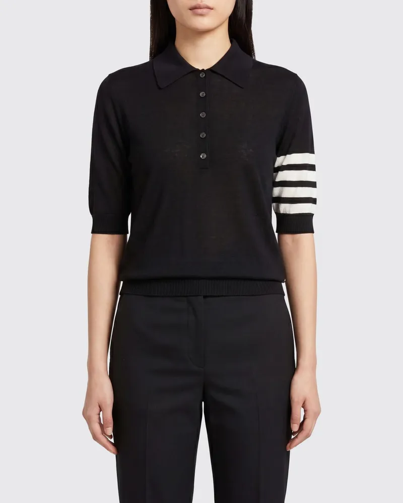 Thom Browne Schmal geschnittenes Strick-Poloshirt aus Schurwolle mit 4-Streifen-Motiv Blau