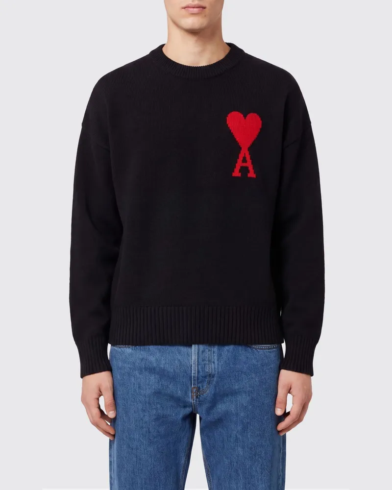 AMI Paris Wollpullover mit Rundhalsausschnitt von mit Kontrastlogo Schwarz
