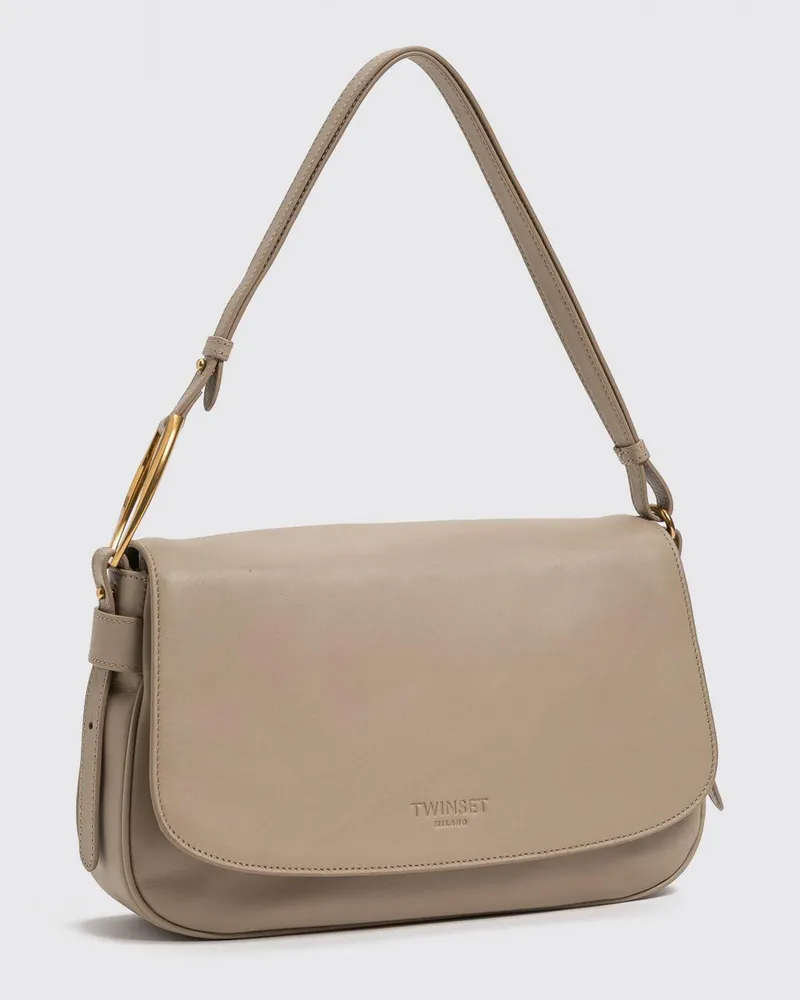 Twin-Set Schultertasche aus Glattleder mit verstellbarem Griff und Magnetklappe Beige