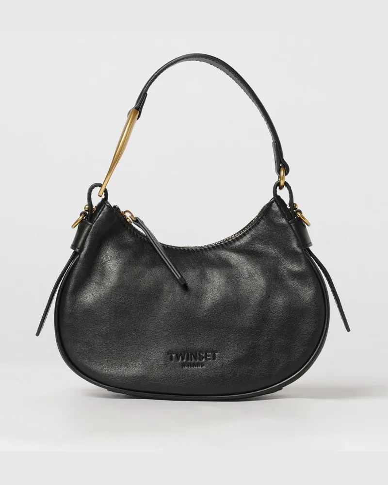 Twin-Set Hobo-Tasche aus Leder mit Quasten und Metallring Schwarz