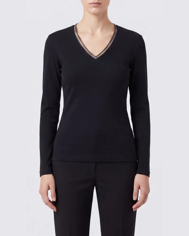Fabiana Filippi Langärmeliges V-Ausschnitt T-Shirt aus Baumwolle mit Kontrastbesätzen Schwarz