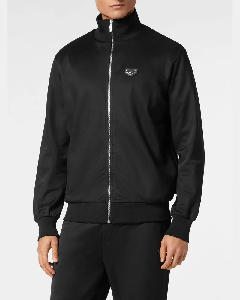 Philipp Plein Sweatshirt aus Baumwollmischung mit hohem Kragen, Reißverschluss und appliziertem Logo Schwarz
