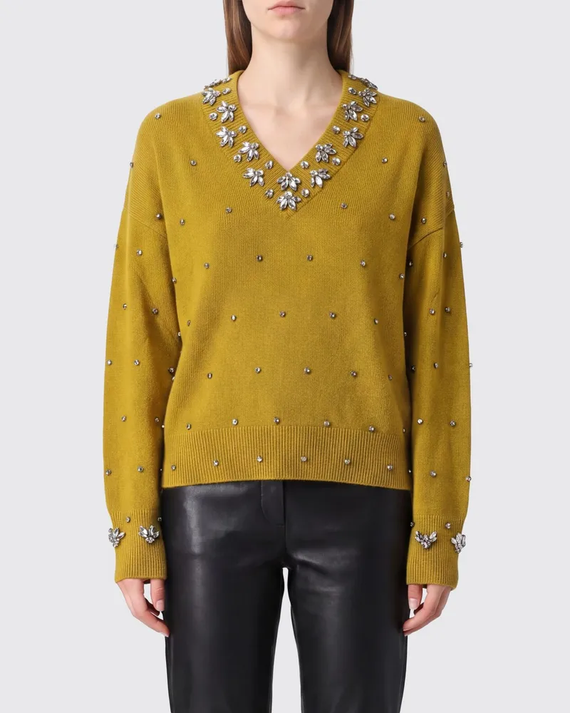 Pinko Pullover aus reinem Kaschmir mit V-Ausschnitt und Kristallstickerei Grün