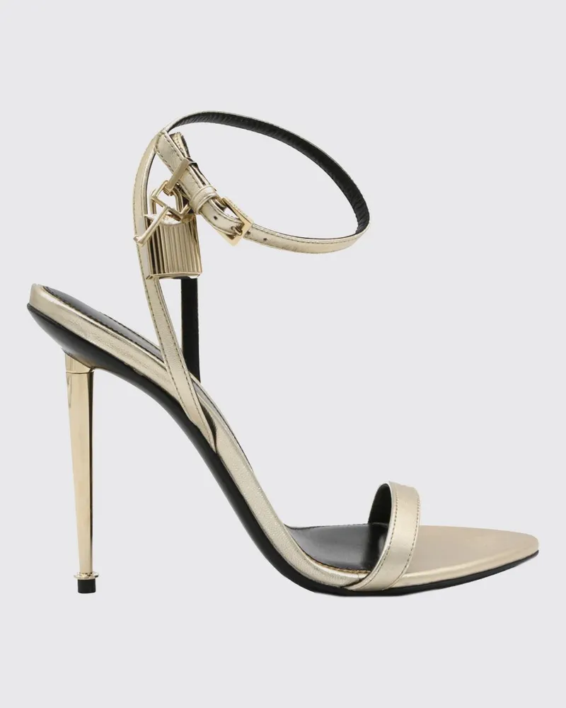 Tom Ford Hochhackige Padlock-Sandalen aus laminiertem Leder mit Anhängern Gold