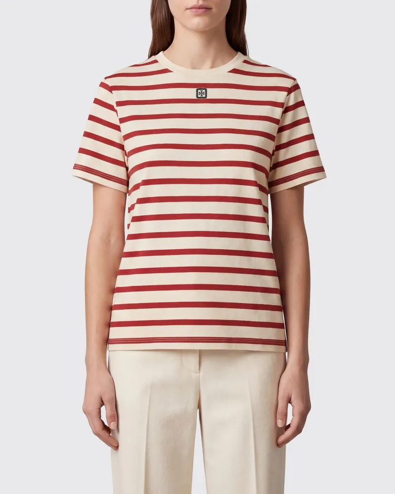 Tory Burch Gestreiftes Slim-Fit-T-Shirt aus Baumwolle mit Doppel-T-Logo Weiß