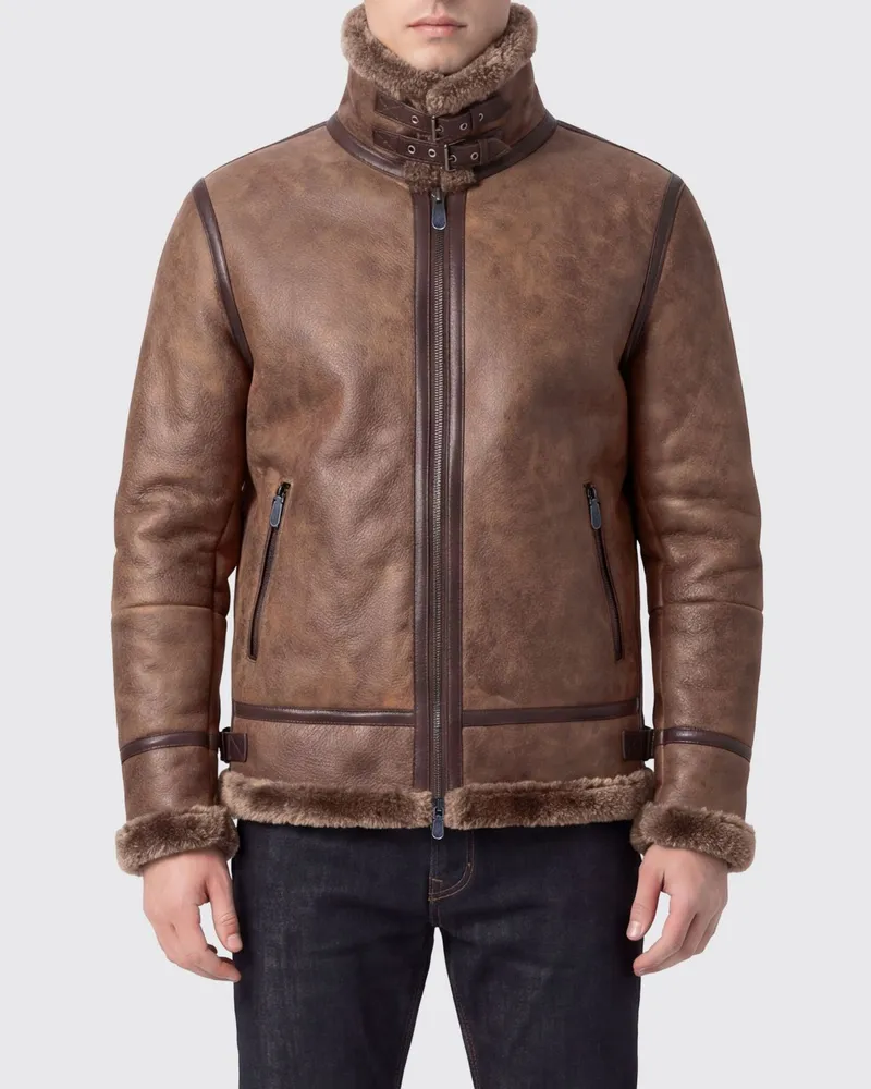 Brunello Cucinelli Shearling-Jacke mit Stehkragen und Ledereinsätzen Braun