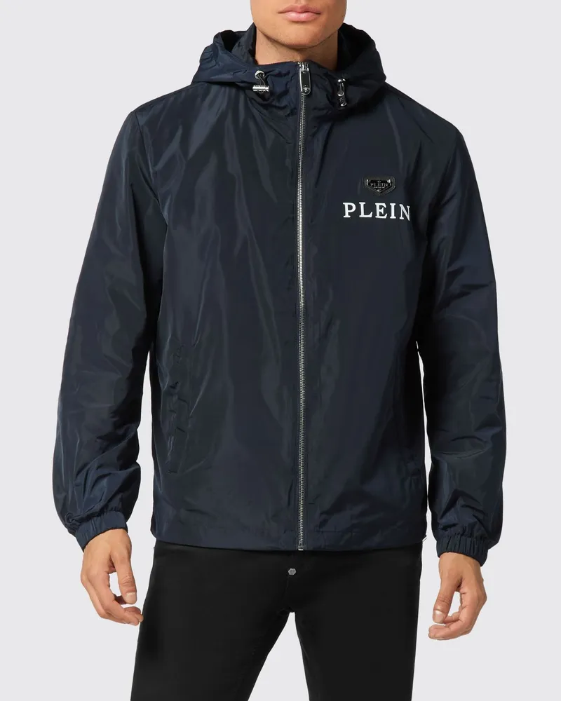 Philipp Plein Windbreaker-Jacke aus technischem Gewebe mit Kapuze und Logo-Print Blau
