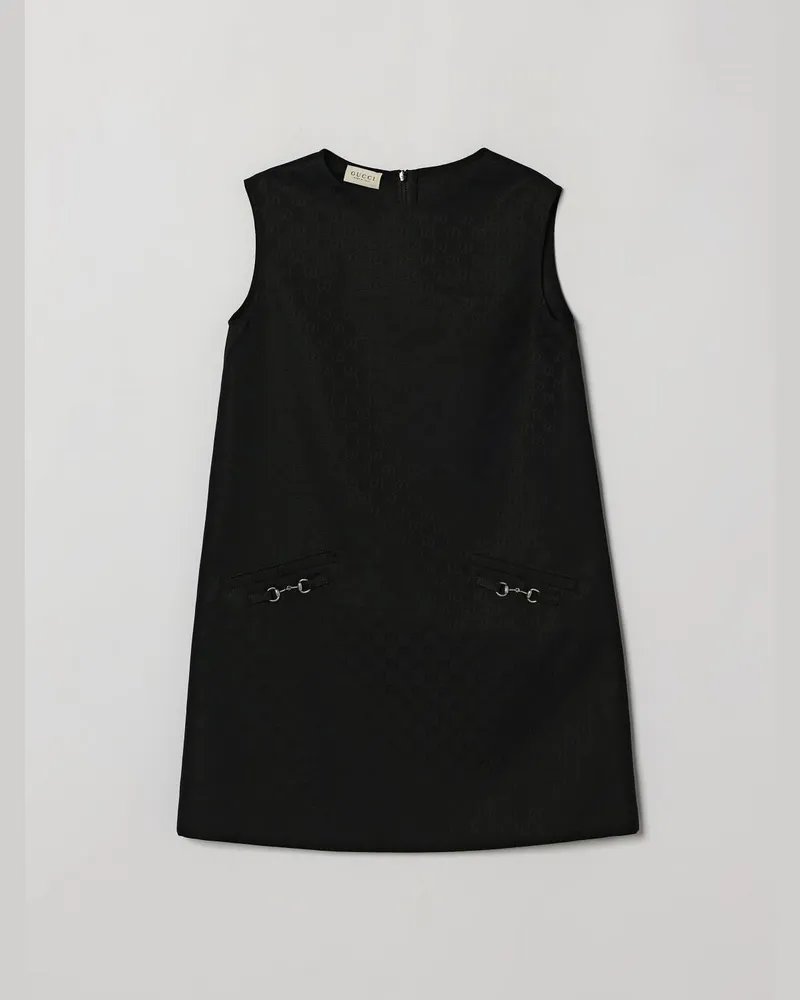 Gucci Kurzes Baumwollkleid für Mädchen mit Horsebit-Detail und schulterfreiem Design Schwarz
