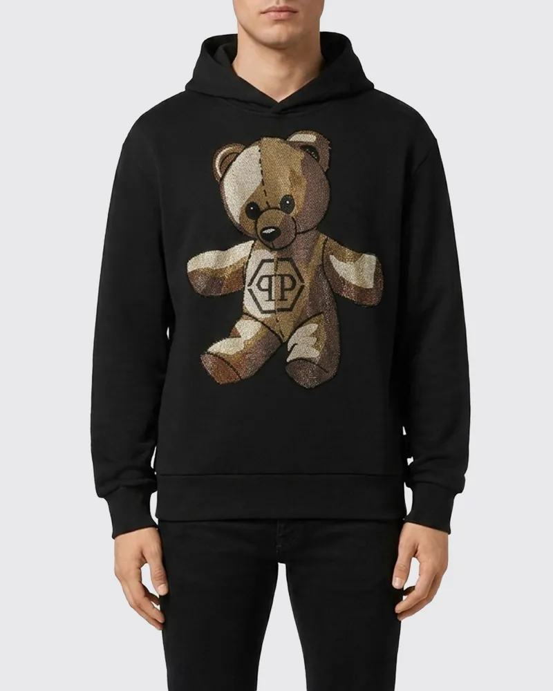 Philipp Plein Kapuzenpullover aus Jersey mit Teddybär-Print und Strassapplikationen Schwarz