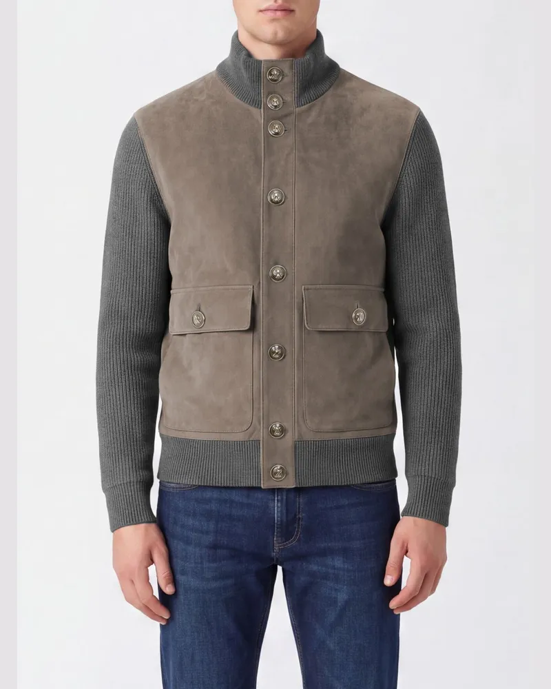 Brunello Cucinelli Bomberjacke aus Wildkalbsleder mit Strickdetails Grau