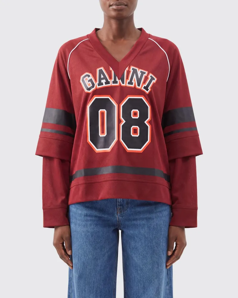Ganni Langärmeliges V-Ausschnitt T-Shirt aus Polyester mit Logo Royal