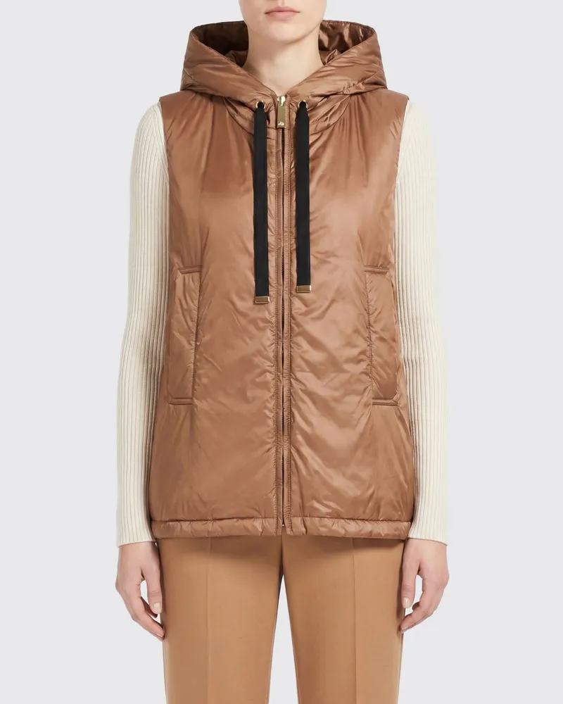 Max Mara Gepolsterte Weste aus technischem Gewebe von mit Kapuze und hohem Kragen Beige
