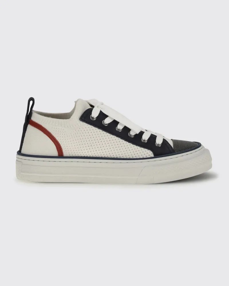 Brunello Cucinelli Sneakers aus Baumwollstrick und Leder mit Monile Weiß