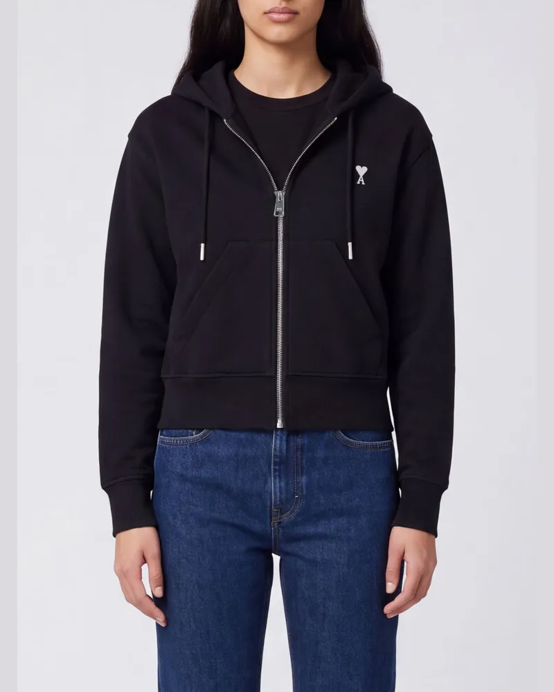 AMI Paris Kapuzen-Sweatshirt mit Reißverschluss aus Baumwolle mit gesticktem Logo Schwarz