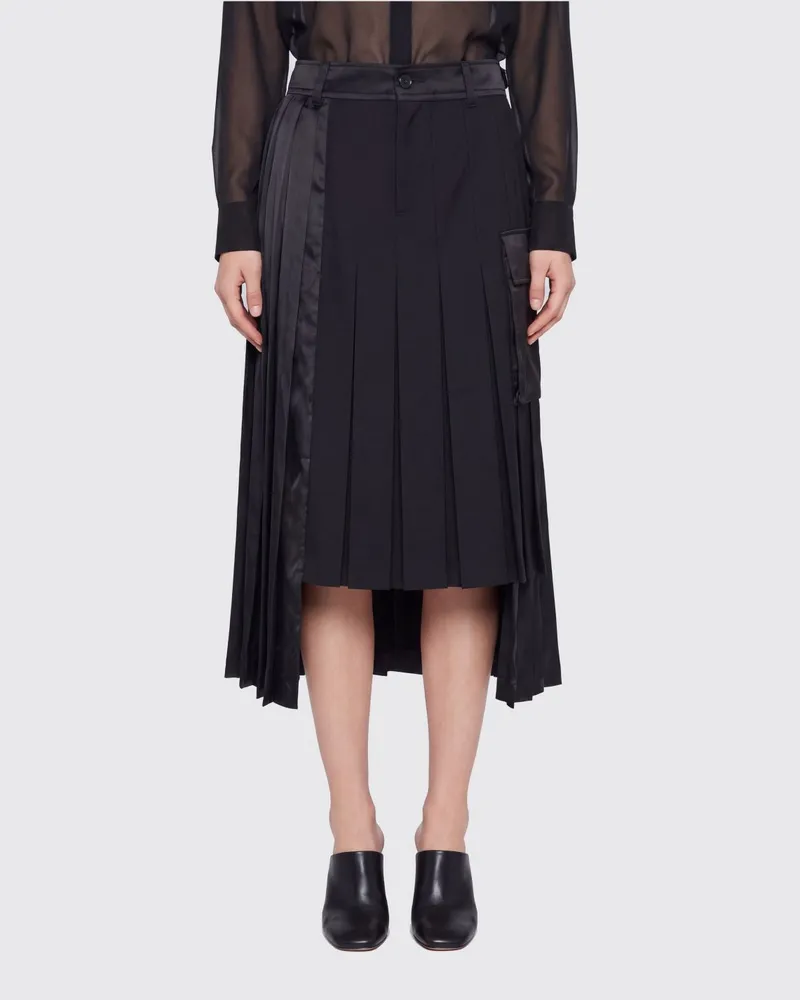 Sacai Asymmetrischer Midi-Rock von aus Wollmischung mit Falten und Cargotaschen Schwarz