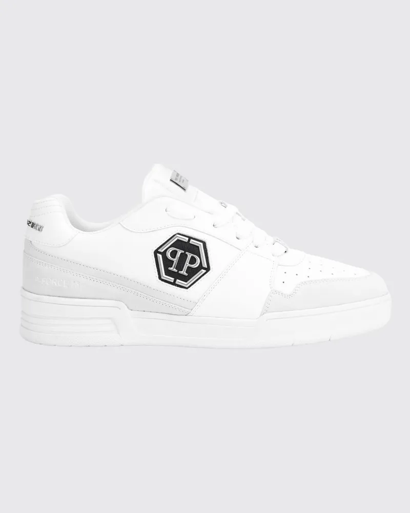 Philipp Plein Niedrige Sneakers aus Leder und Veloursleder mit Monogramm und Hexagon-Logo Weiß