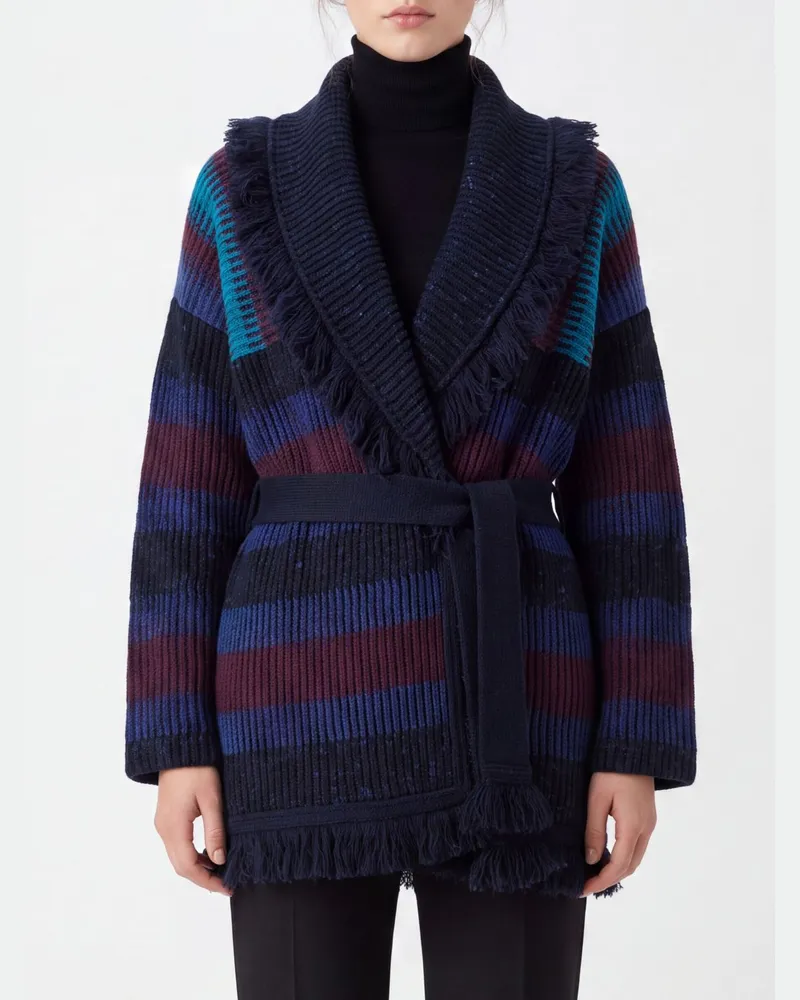 Giorgio Armani Gestreifter Robe-Cardigan aus Kaschmir-Mischung mit Fransensaum und Gürtel Bunt