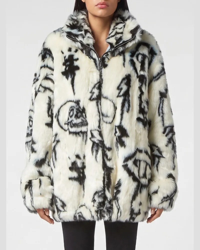 Philipp Plein Kurze Webpelzjacke mit Grafikprint und Stehkragen Ivory